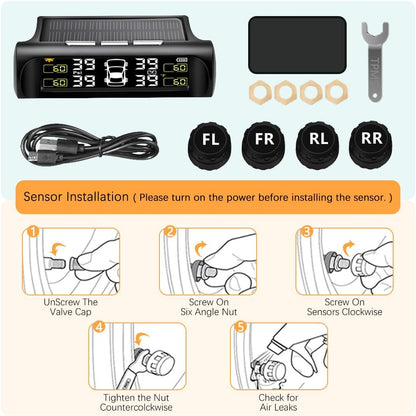 Solar Power Car Tire Pressure Monitoring Tool, TPMS with 4 External sensors & 5 Alarm Modes, LCD Real-time Display, Auto Sleep Mode, Easy to Install