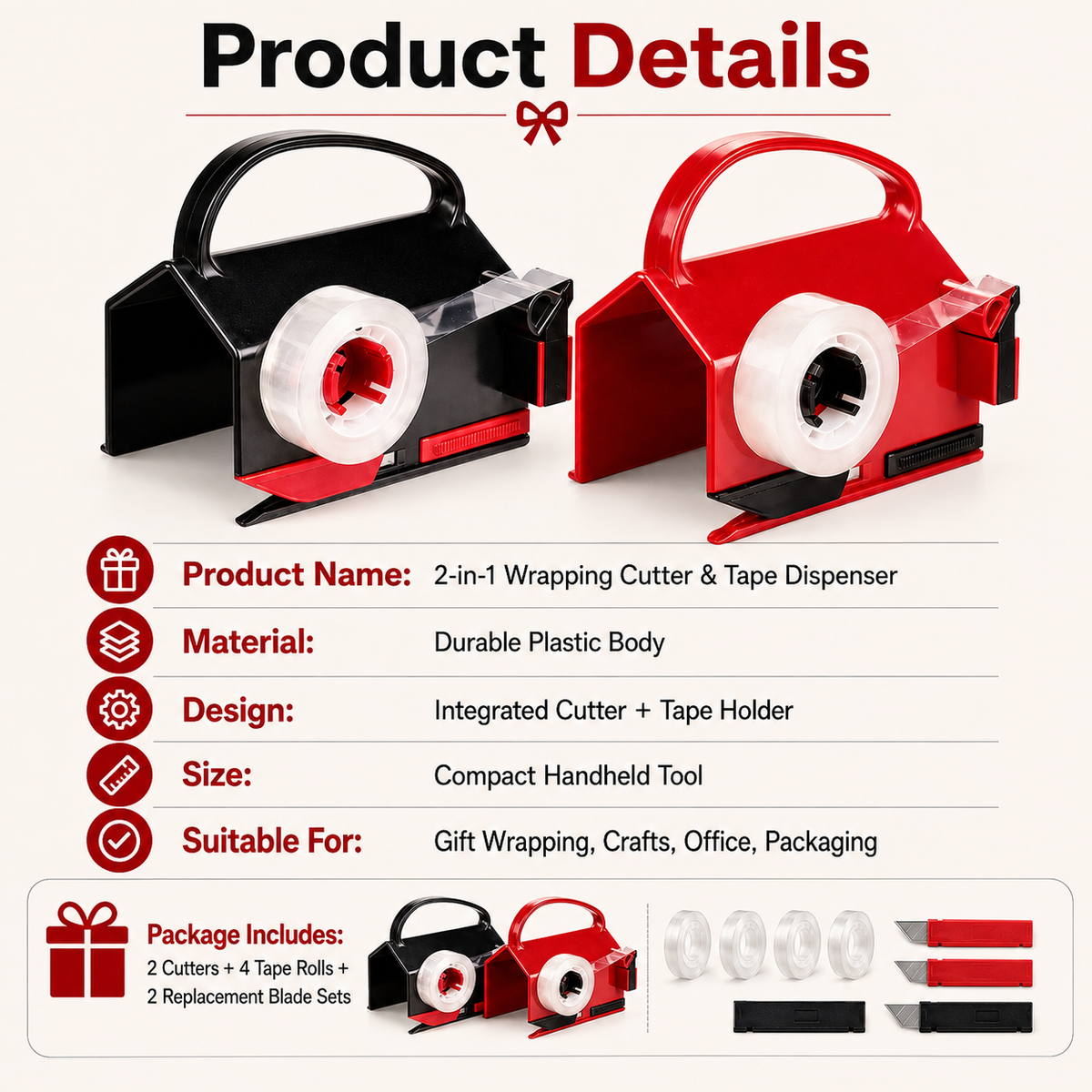 🎁2 Pack Dual-Use Wrapping Paper Cutter & Tape Dispenser Kit