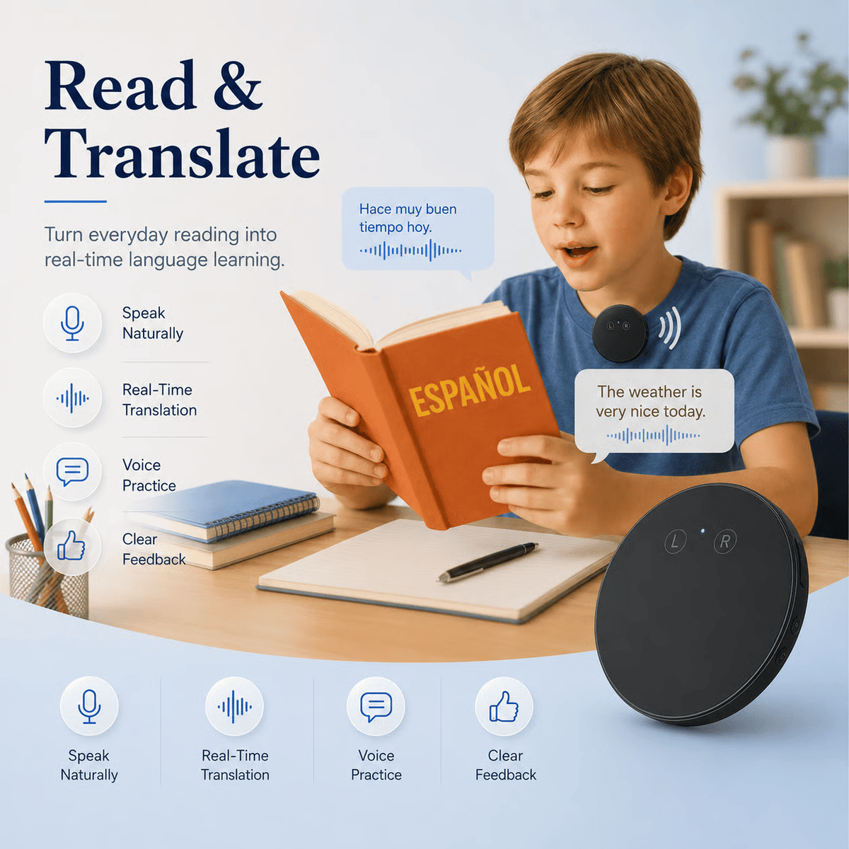 Spanish & English Practice Companion – Supports 40 Languages
