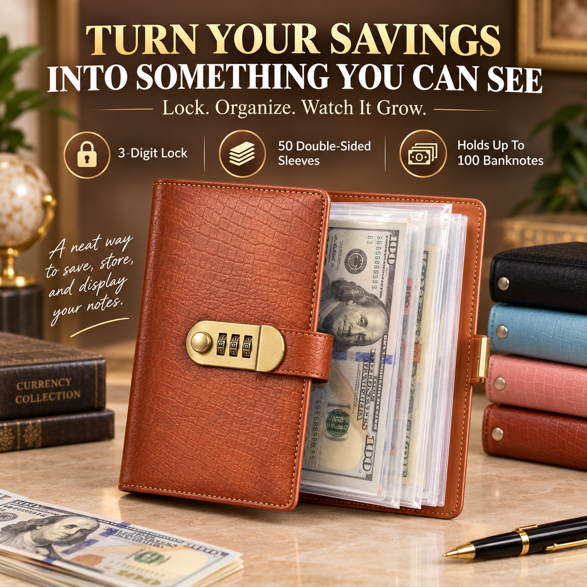 💰🔒 A6 PU Leather Savings Binder – 100 Clear Pockets & Resettable Combination Lock ✨