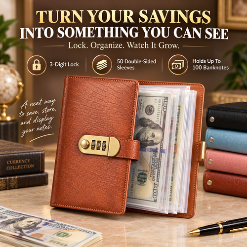 💰🔒 A6 PU Leather Savings Binder – 100 Clear Pockets & Resettable Combination Lock ✨