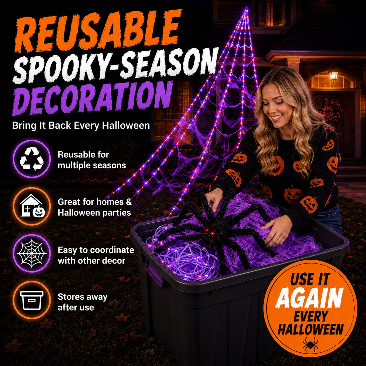 Giant Light-Up Spider Web Halloween Decoration
