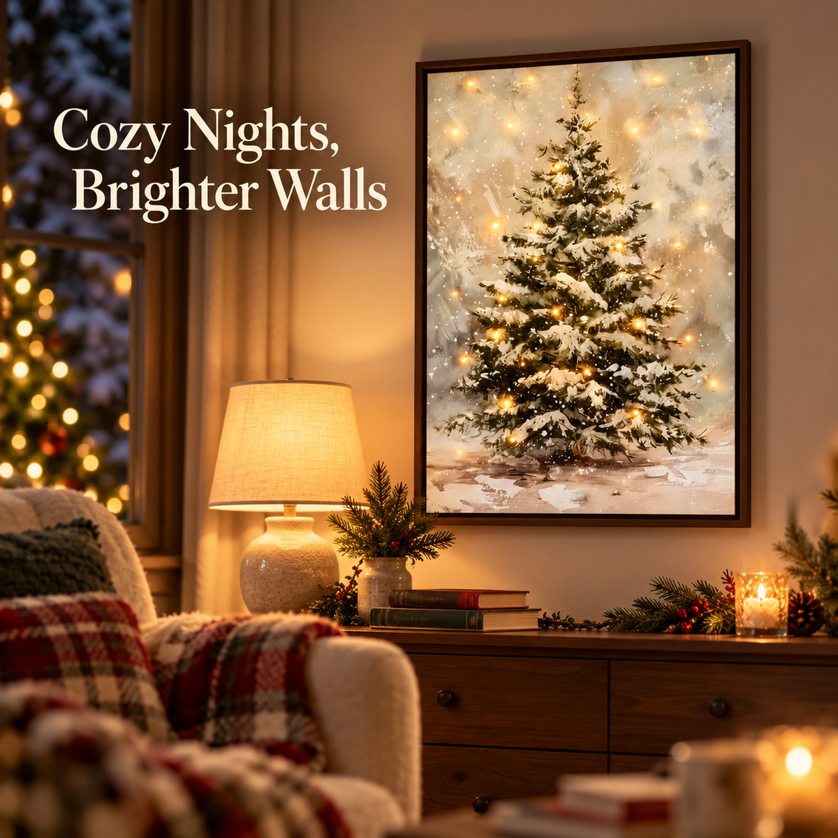Light-Up Snowy Christmas Tree Wall Art – Framed Holiday Decor with Warm Twinkling Lights