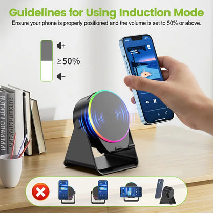 5-in-1 Wireless Induction Bluetooth Speaker – 360° Rotating LED Light Stand, 10m Range