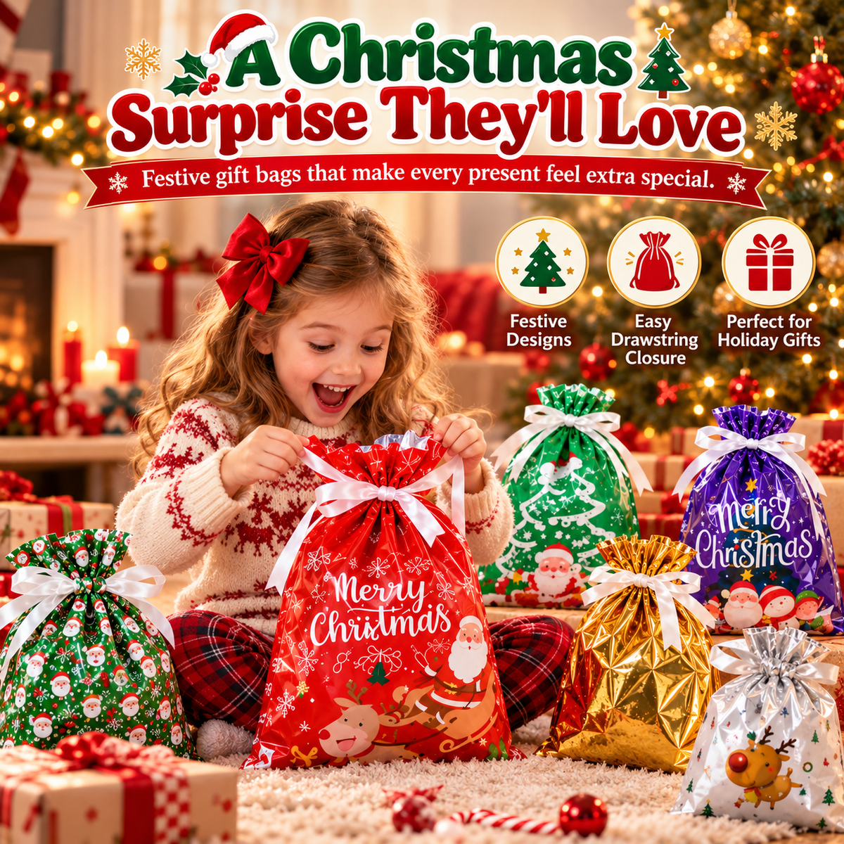 🎄 2026 Drawstring Christmas Gift Bags – Aluminum Foil Candy & Party Bags