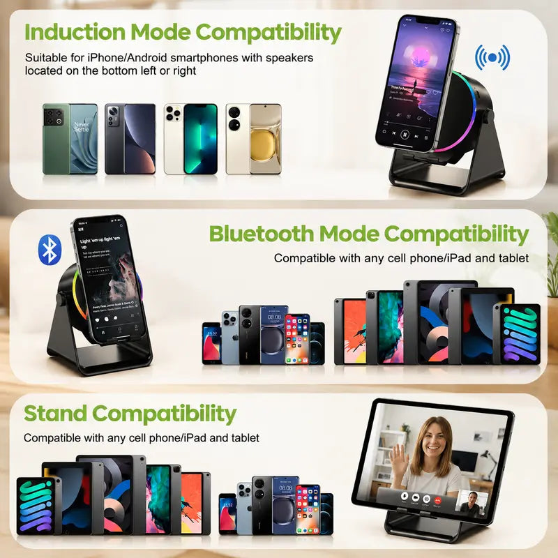 5-in-1 Wireless Bluetooth Speaker with 360° Rotating LED Charging Stand