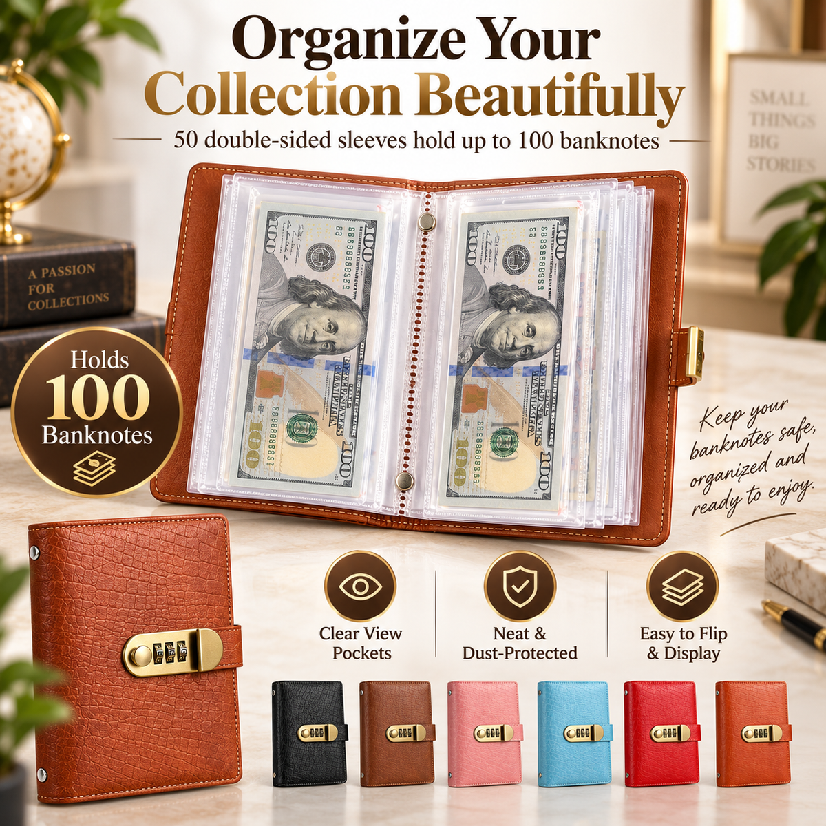 💰🔒 A6 PU Leather Savings Binder – 100 Clear Pockets & Resettable Combination Lock ✨