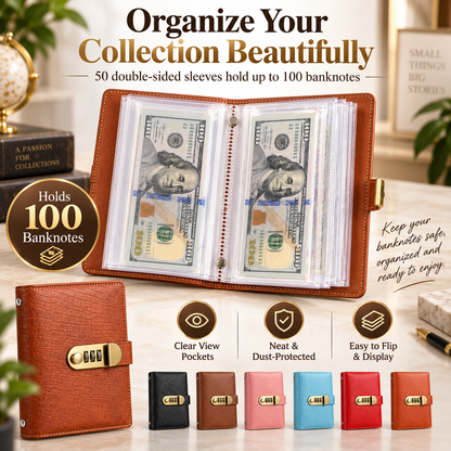 💰🔒 A6 PU Leather Savings Binder – 100 Clear Pockets & Resettable Combination Lock ✨