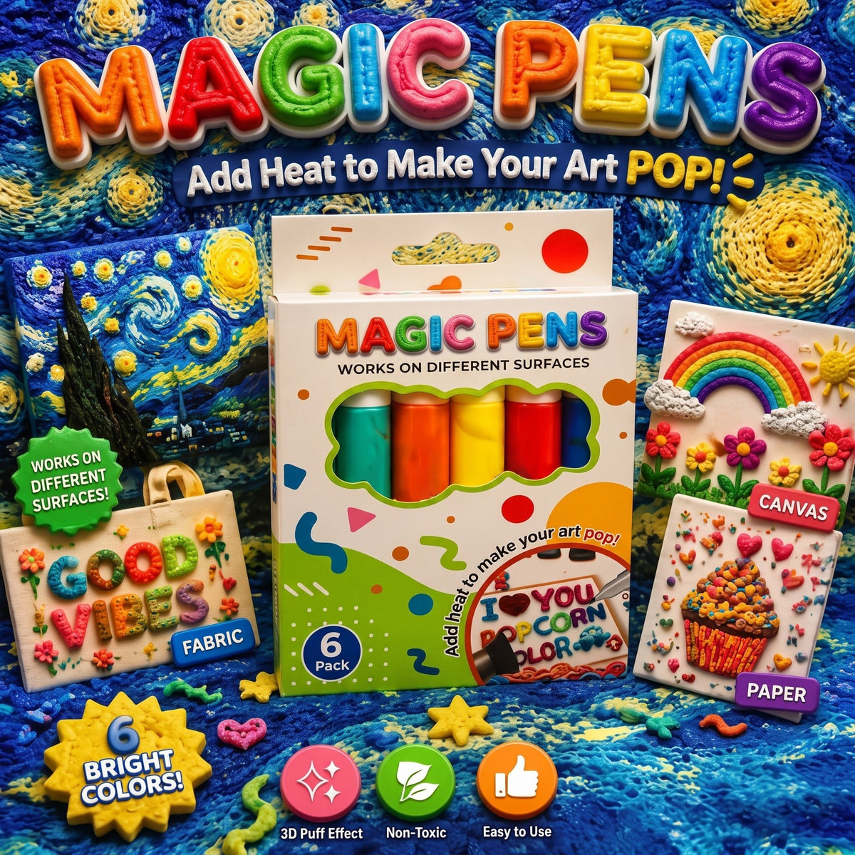 6-Color Magic Puffy Drawing Pens – Heat-Activated 3D Art Marker Set for Kids & DIY Crafts