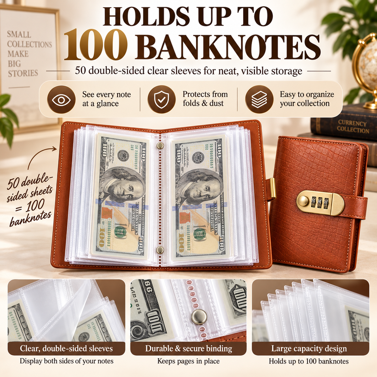 💰🔒 A6 PU Leather Savings Binder – 100 Clear Pockets & Resettable Combination Lock ✨