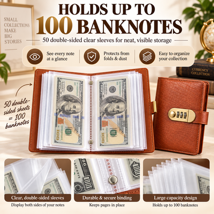 💰🔒 A6 PU Leather Savings Binder – 100 Clear Pockets & Resettable Combination Lock ✨