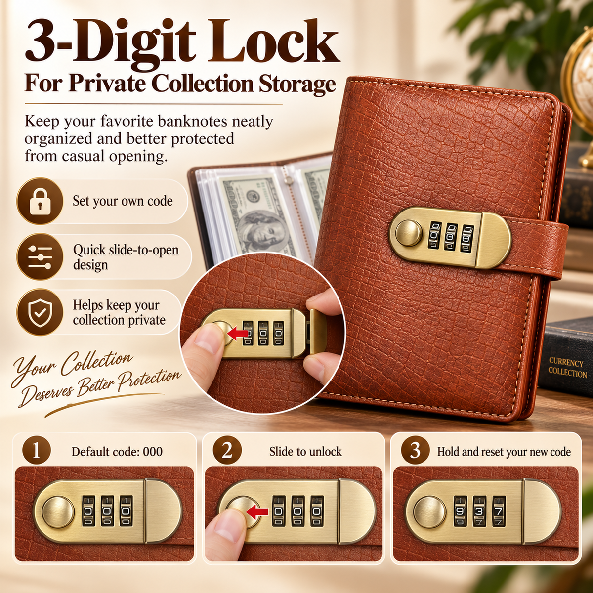 💰🔒 A6 PU Leather Savings Binder – 100 Clear Pockets & Resettable Combination Lock ✨
