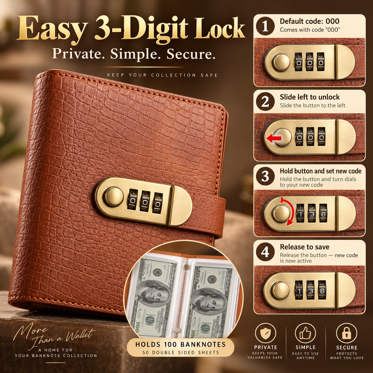 💰🔒 A6 PU Leather Savings Binder – 100 Clear Pockets & Resettable Combination Lock ✨