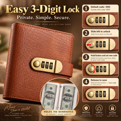 💰🔒 A6 PU Leather Savings Binder – 100 Clear Pockets & Resettable Combination Lock ✨