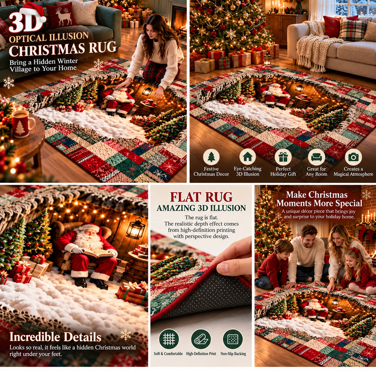 🛍️3D Optical Illusion Christmas Village Rug – Hidden Santa Winter Wonderland