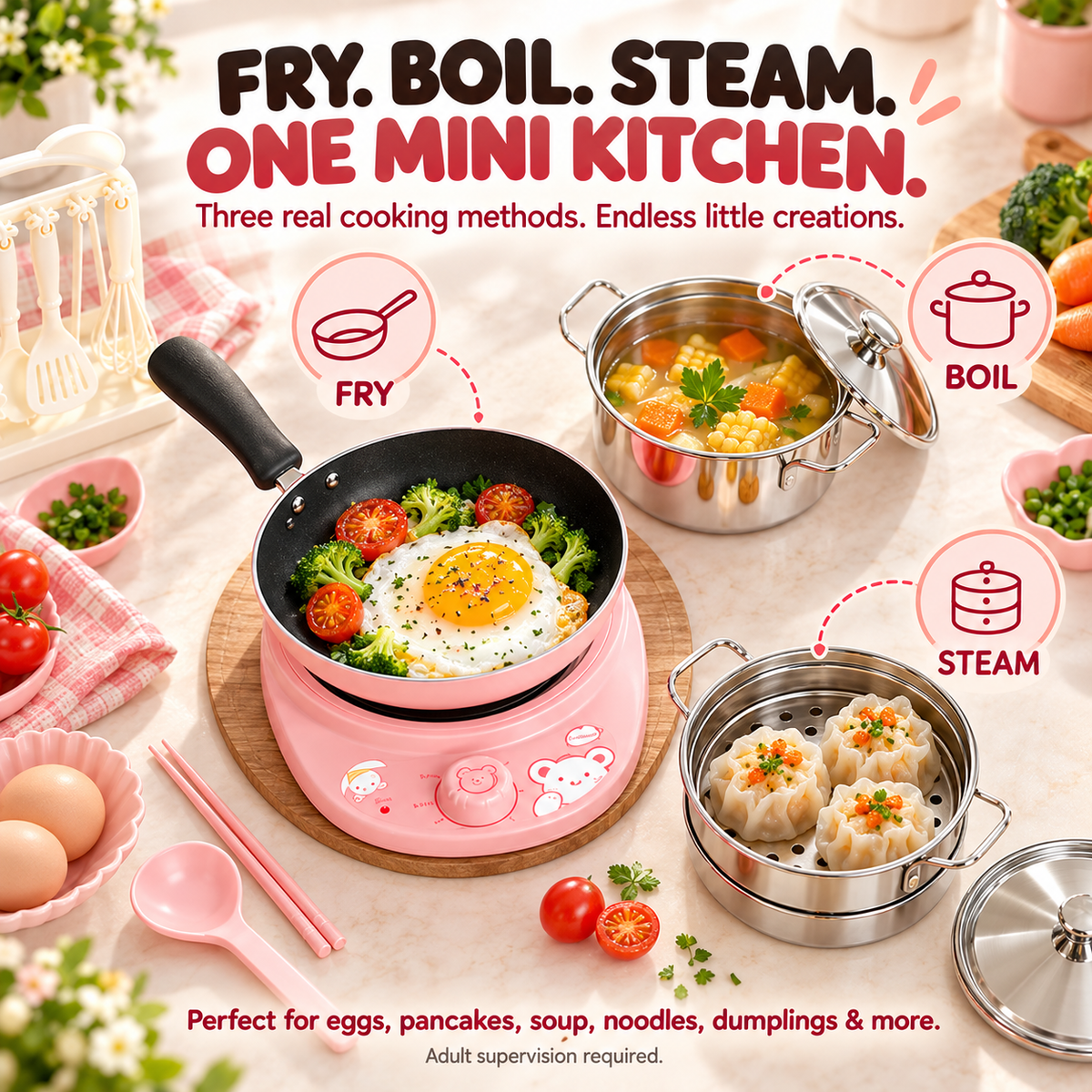 48-Piece Kids’ Mini Real-Cooking Kitchen Set with Electric Stove & Cookware