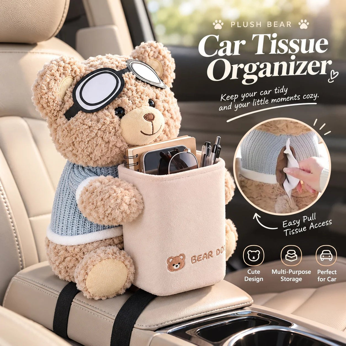 Plush bear car organizer and tissue holder