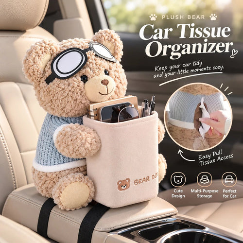 Plush bear car organizer and tissue holder