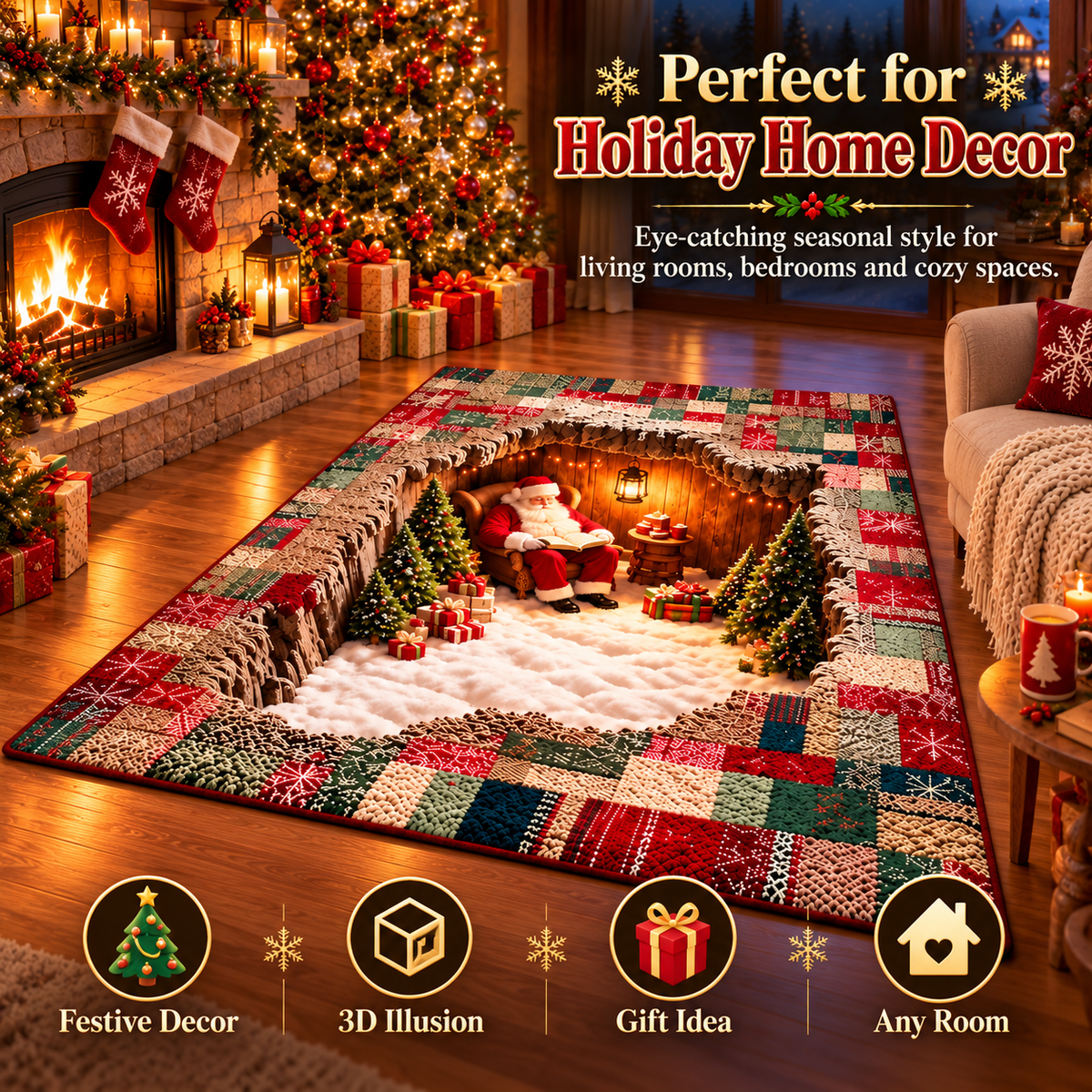 🛍️3D Optical Illusion Christmas Village Rug – Hidden Santa Winter Wonderland
