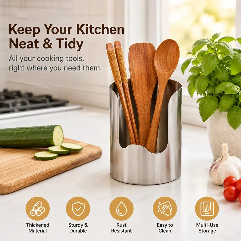 🍴✨ Stainless Steel Kitchen Utensil Holder – Rust-Resistant Countertop Organizer for Cooking Tools 🍳✨