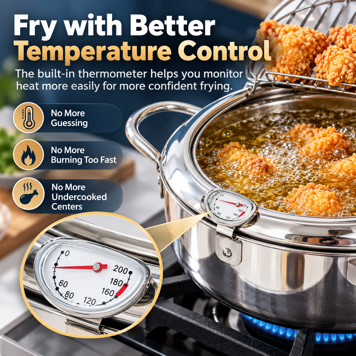 Stainless steel deep fryer pot with thermometer and basket