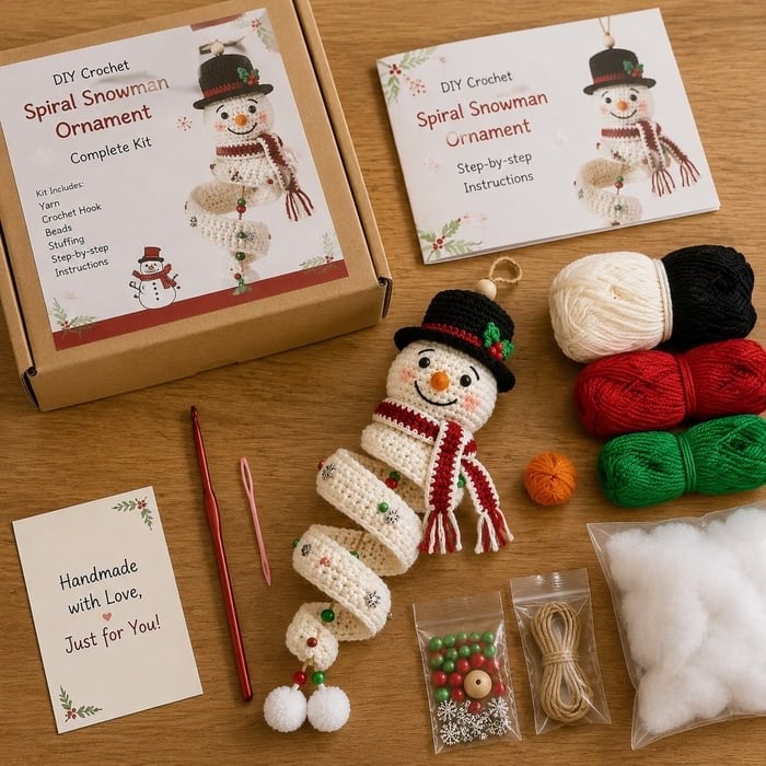 "🔥 LAST DAY 49% OFF – ☃️ Crochet Snowman Spiral Ornament DIY Kit | Complete Beginner-Friendly Set with Soft Yarn, Crochet Hook, Festive Beads, Snowflakes & Step-by-Step Guide 🧶🎄✨"