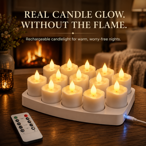 🕯️ 12-Pack USB-C Rechargeable Flameless LED Tealights – Remote, Timer & Charging Station ✨