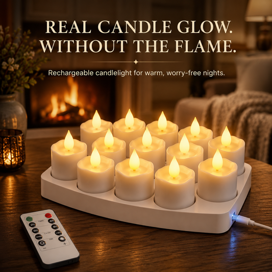 🕯️ 12-Pack USB-C Rechargeable Flameless LED Tealights – Remote, Timer & Charging Station ✨
