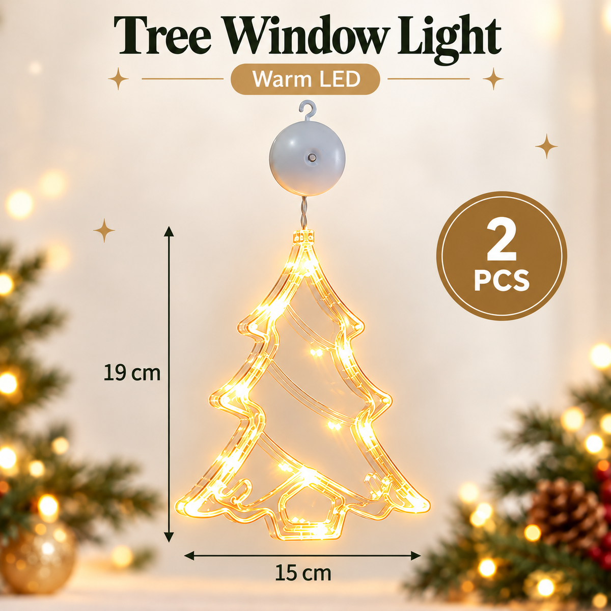 🎄 2Pcs Christmas LED Window Lights – Battery Operated Suction Cup Holiday Decorations, Warm White & Multicolor