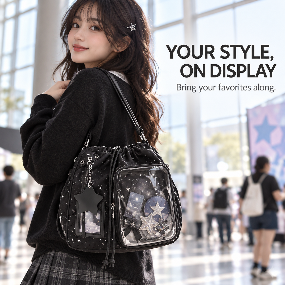 🎒🎒Star Print Ita Shoulder Bag – Clear Display Pocket, Drawstring Closure & Cute Star Charm