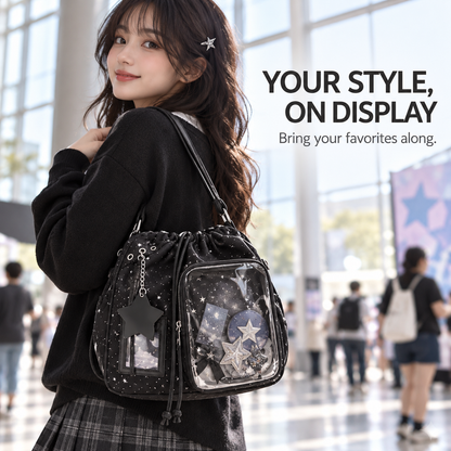 🎒🎒Star Print Ita Shoulder Bag – Clear Display Pocket, Drawstring Closure & Cute Star Charm