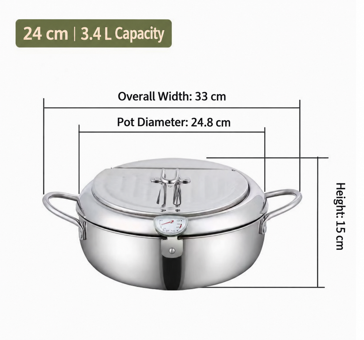 Stainless steel deep fryer pot with thermometer and basket