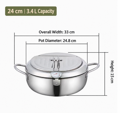 Stainless steel deep fryer pot with thermometer and basket