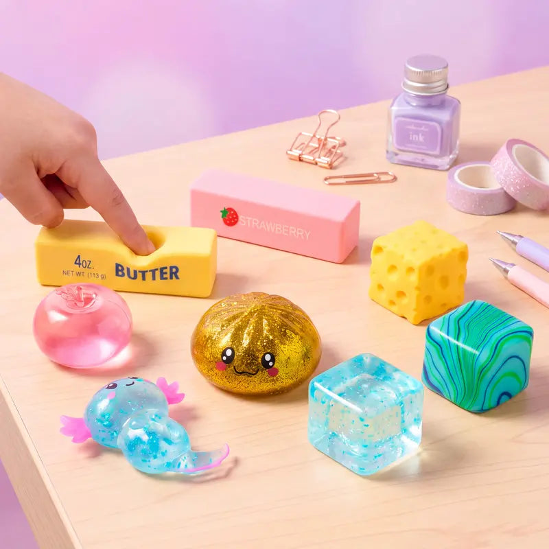 🎁🌈8-Piece Stress Relief Fidget Toy Bundle – Assorted Glitter Squishies & Sensory Toys for Kids, Gifts, Party Favors & Desk Fun