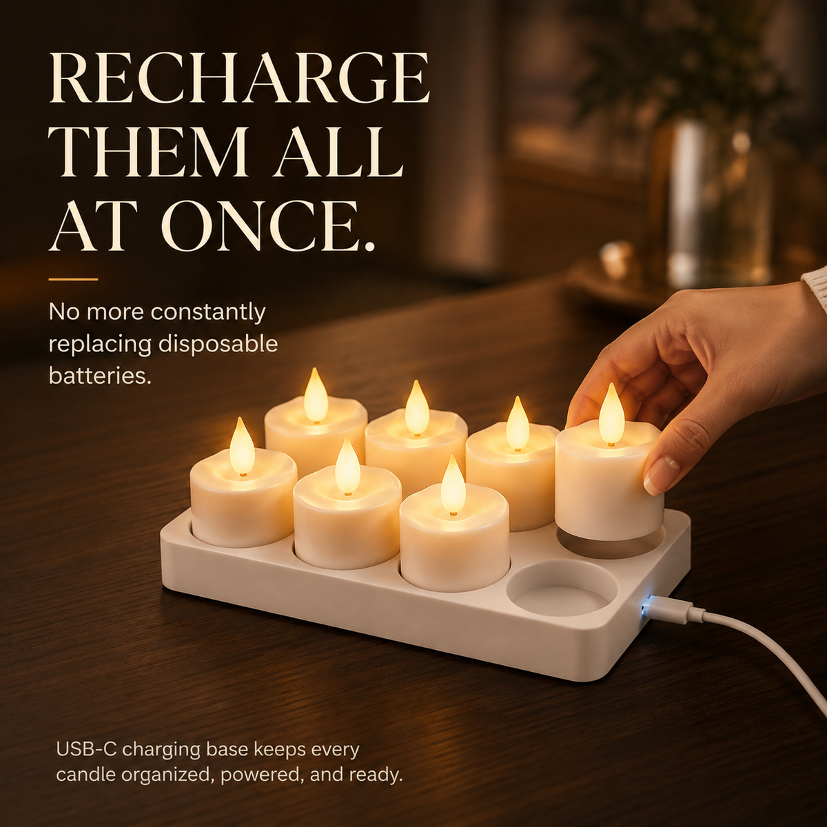 🕯️ 12-Pack USB-C Rechargeable Flameless LED Tealights – Remote, Timer & Charging Station ✨