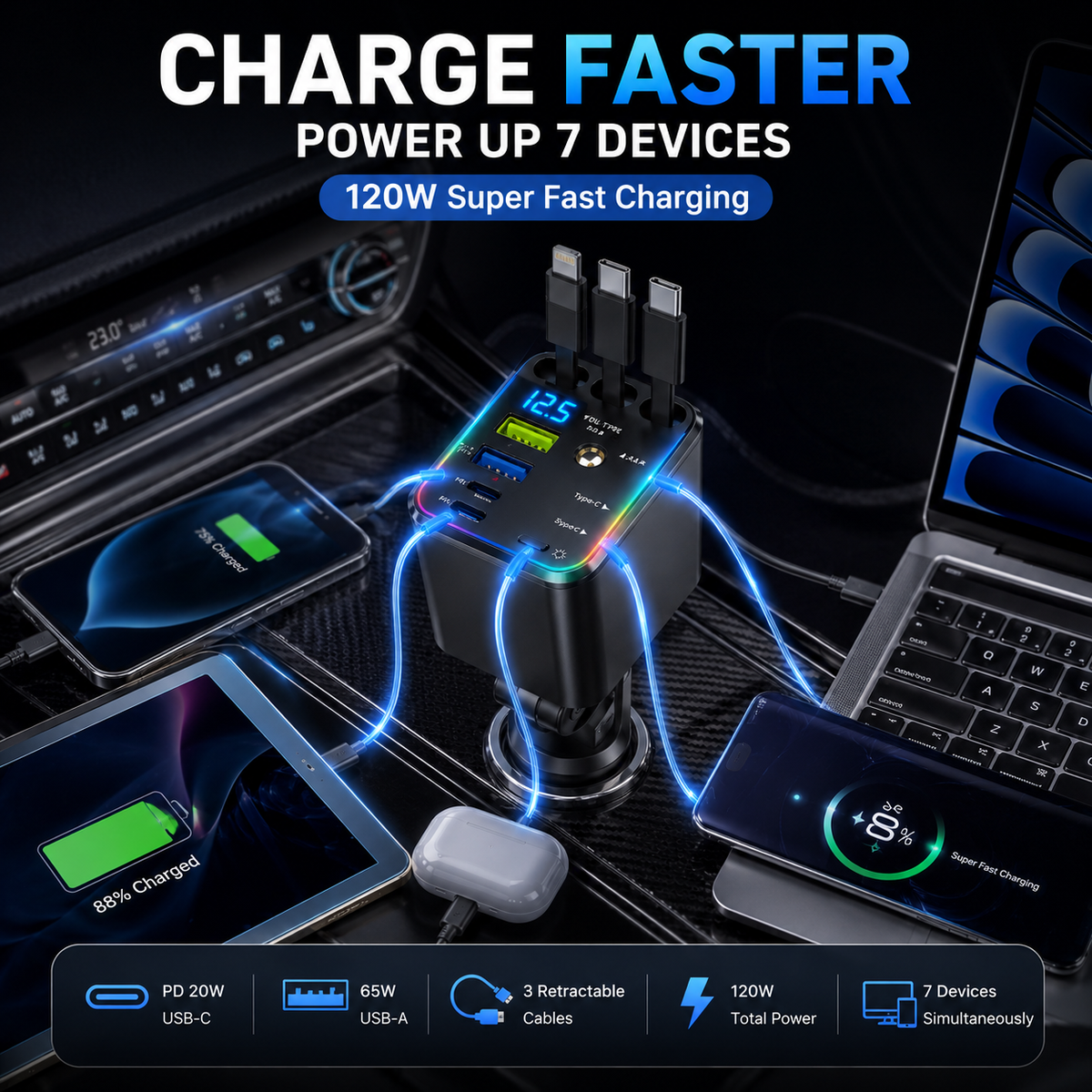 7-in-1 retractable car charger
