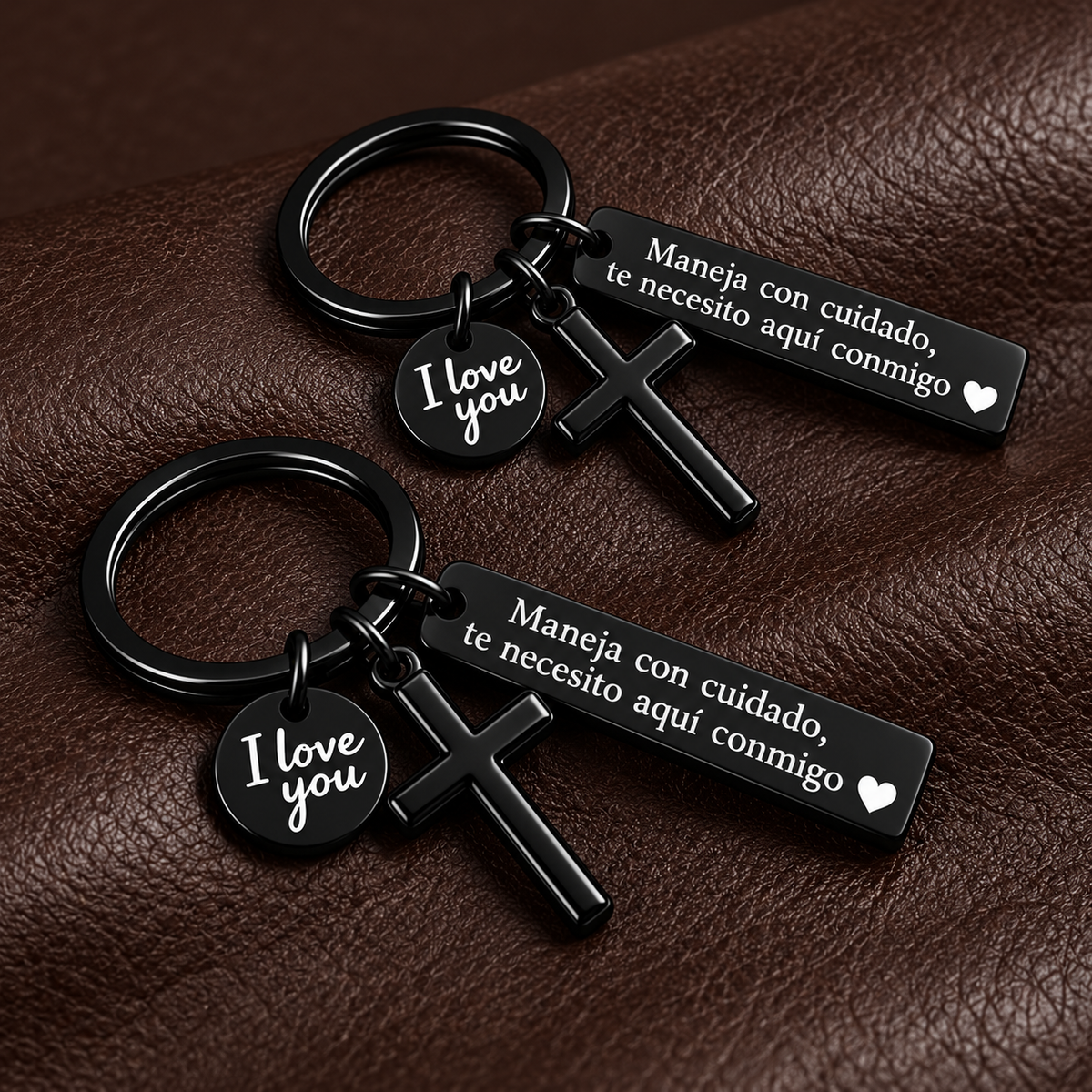 Spanish "Drive Safe" Keychain – Romantic Love Gift with Cross & Charm