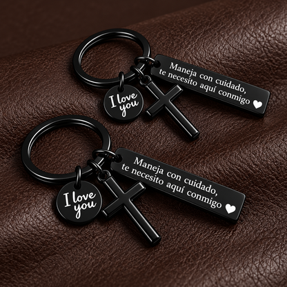 Spanish "Drive Safe" Keychain – Romantic Love Gift with Cross & Charm