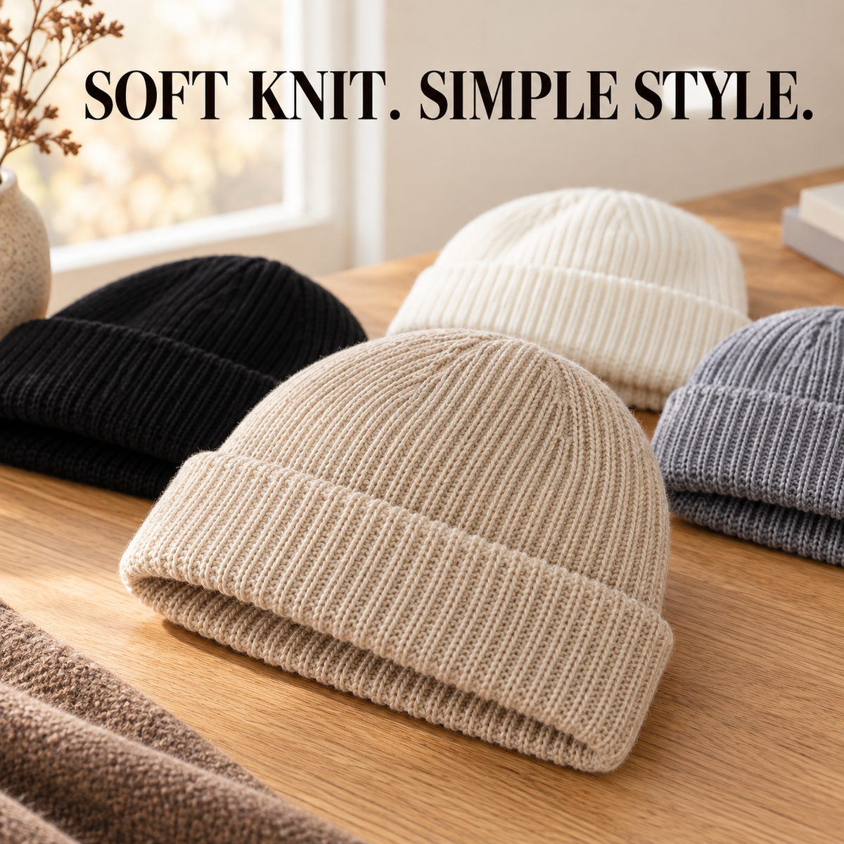 Men’s Cuffed Knit Beanie – Solid Color Everyday Hat for Fall & Winter