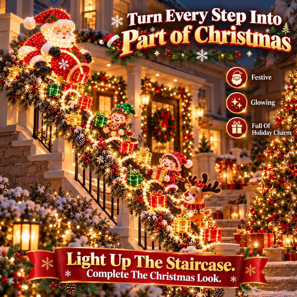 🎅🎄 Illuminated Santa Staircase Railing Christmas Display with Glowing Gift Lights ✨