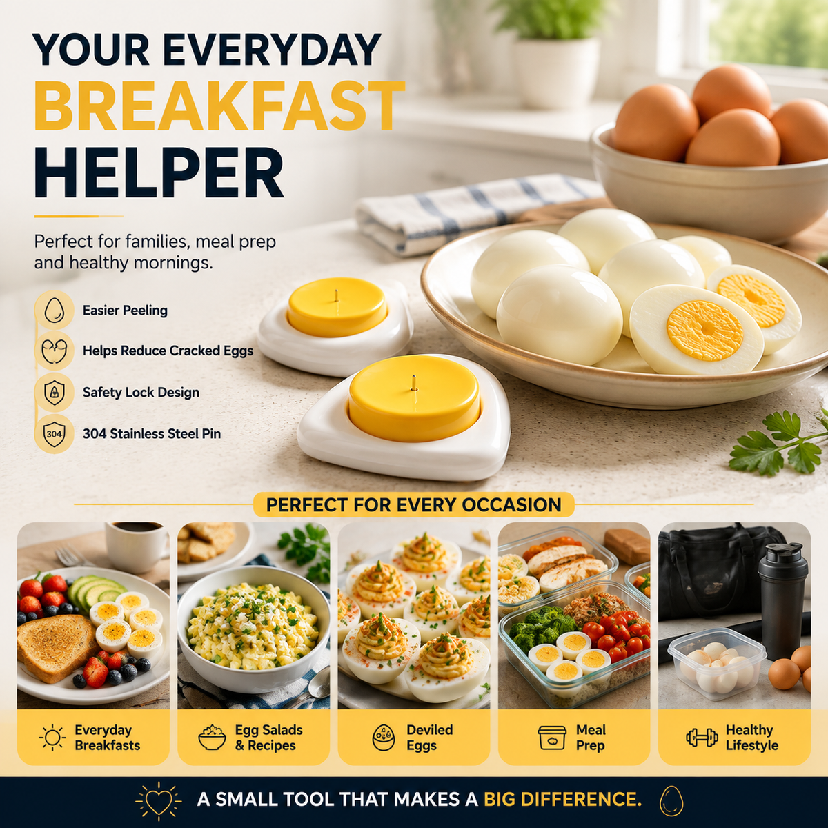 Egg piercer for breakfast, meal prep and deviled eggs