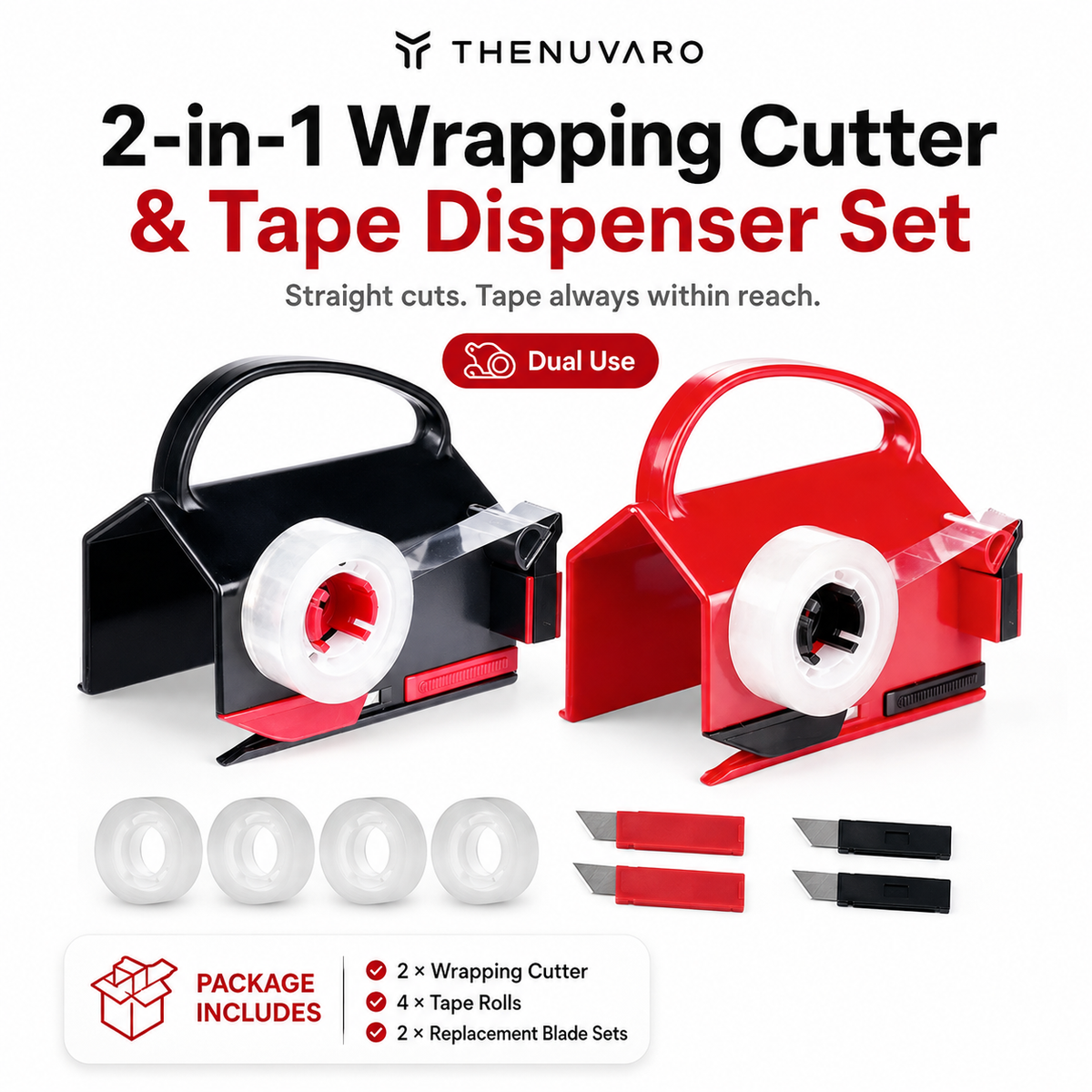 🎁2 Pack Dual-Use Wrapping Paper Cutter & Tape Dispenser Kit