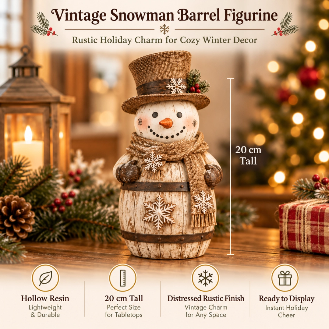 Vintage Whitewashed Barrel Snowman Figurine ⛄🪵 – Rustic Christmas Farmhouse Decor