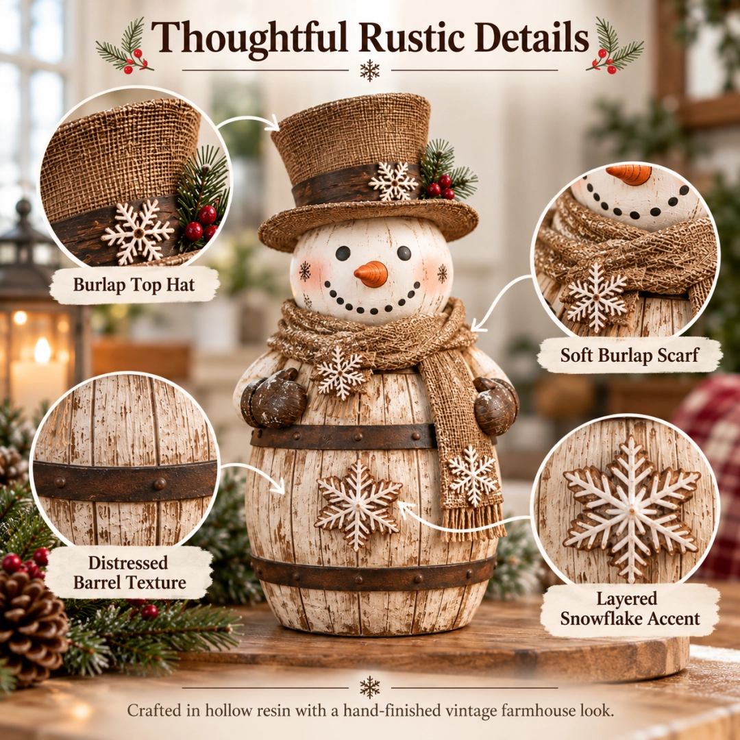 Vintage Whitewashed Barrel Snowman Figurine ⛄🪵 – Rustic Christmas Farmhouse Decor