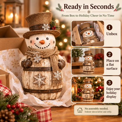 Vintage Whitewashed Barrel Snowman Figurine ⛄🪵 – Rustic Christmas Farmhouse Decor
