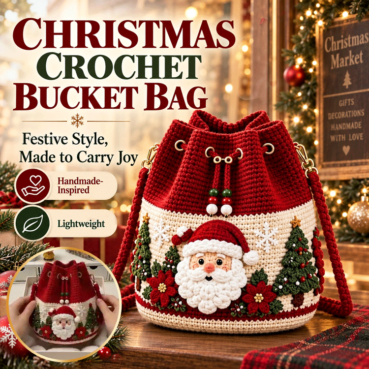 🎄 3D Christmas Crochet Bucket Bag – Festive Crossbody Purse with Detachable Strap