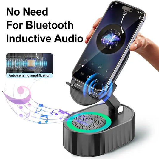 5-in-1 Wireless Induction Speaker Phone Stand – No Bluetooth Needed, LED Lights & Phone Charging