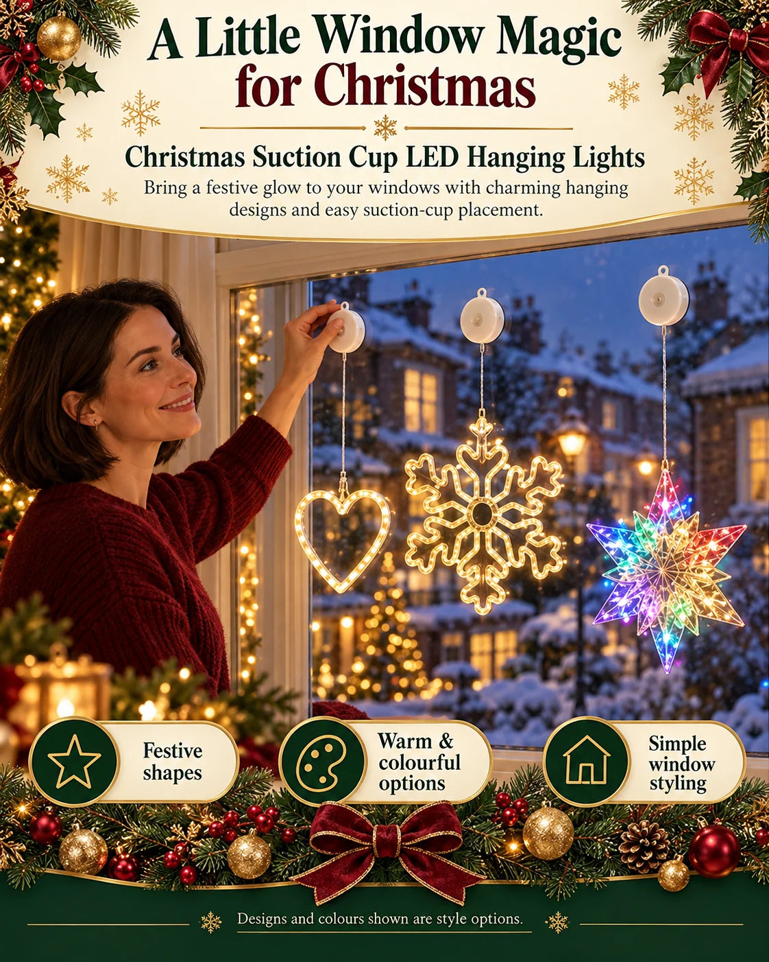 🎄 2Pcs Christmas LED Window Lights – Battery Operated Suction Cup Holiday Decorations, Warm White & Multicolor