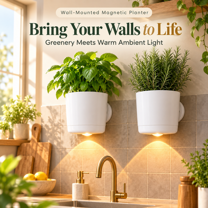🌿 Wall-Mounted Magnetic Planter with Warm LED Light – Space-Saving Indoor Herb Pot & Modern Home Decor