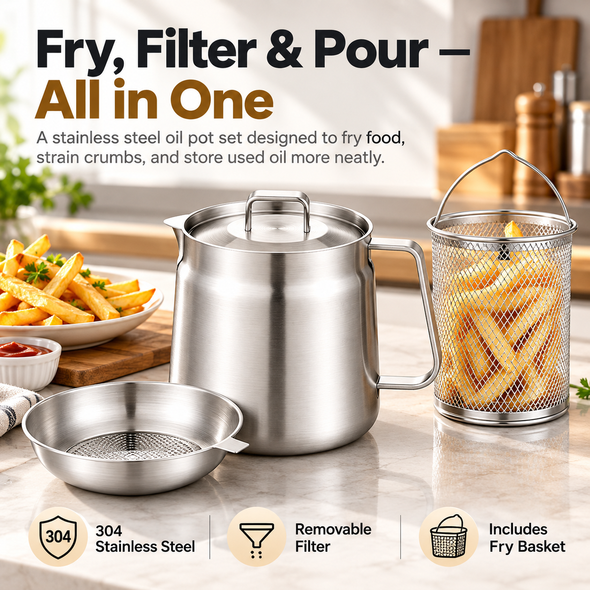 🔥🔥3-in-1 Stainless Steel Deep Fryer Pot with Oil Filter & Fry Basket